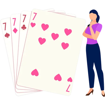 A Girl Is Thinking About The Casino Cards Illustration
