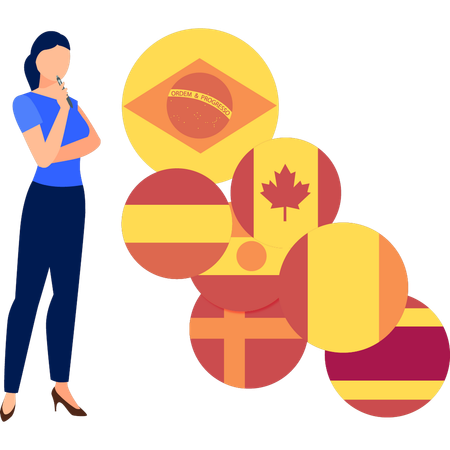 Girl is thinking about the different national flags of country  Illustration