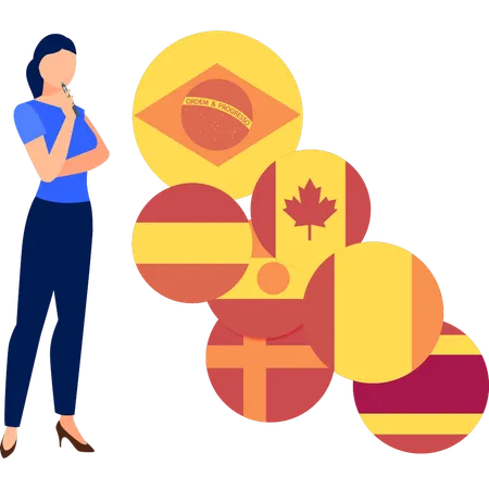 Girl is thinking about the different national flags of country  Illustration