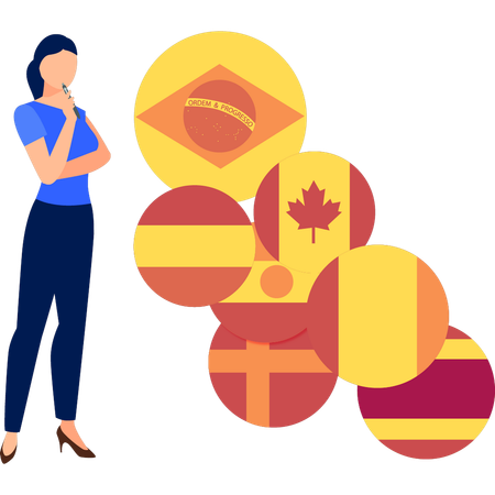 Girl is thinking about the different national flags of country  イラスト