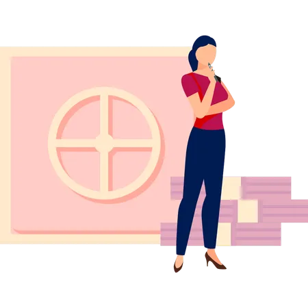 Girl is thinking to keep her money in locker  Illustration