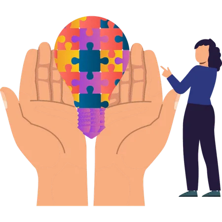 Girl Pointing At Puzzle Bulb For Autism Awareness Illustration