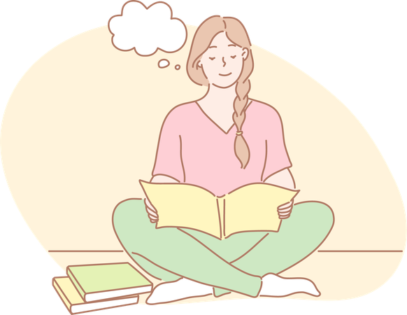 Girl is thinking while reading book  Illustration