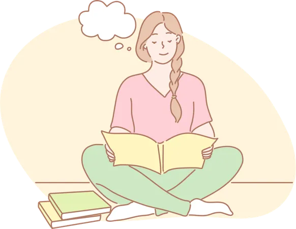 Girl is thinking while reading book  Illustration