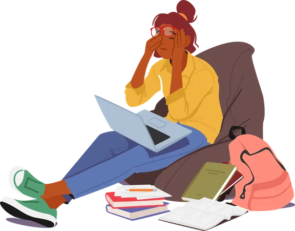 Tired Sad Student Girl With Laptop Surrounded By Mountain Of Books Overwhelmed By The Weight Of Studies Longing For A Moment Of Rest And Relief From Academic Pressures Cartoon Vector Illustration Illustration