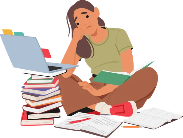Exhausted Sad Student Girl Slumps Over A Laptop Atop A Precarious Stack Of Books Showcasing The Demanding Nature Of Academic Pursuits And Late Night Study Sessions Cartoon Vector Illustration Illustration