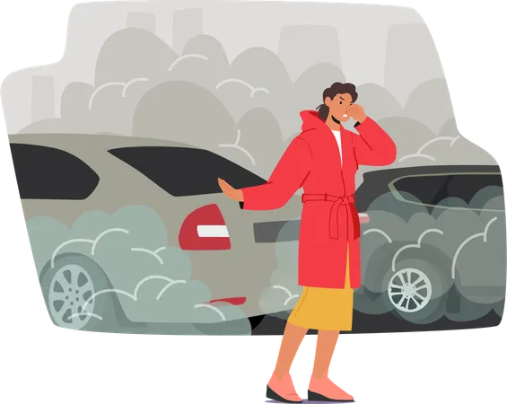 Woman Engulfed In Air Pollution Coughs With A Distressed Expression As The Ominous Haze Surrounds Her Symbolizing The Adverse Impact Of Environmental Degradation On Human Health Vector Illustration Illustration