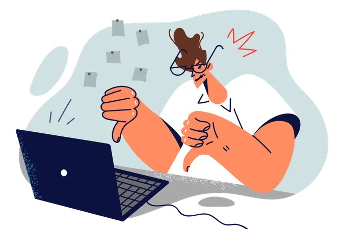Dissatisfied Man Freelancer Showing Thumbs Down Sitting At Table With Laptop And Calling For Fixing Software Bugs Dissatisfied Guy Programmer Showing Negative Feedback During Video Call Illustration