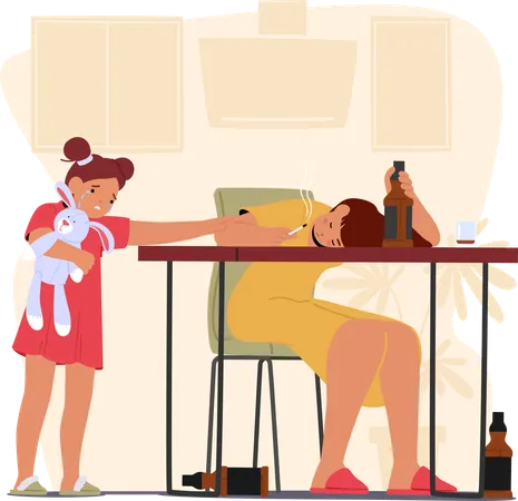 Inebriated Mother Character Slumbers On Table With Cigarette In Hand Empty Bottles Surrounding Her Innocent Daughter Gazes And Cries Concept Of Parental Neglect Cartoon People Vector Illustration Illustration