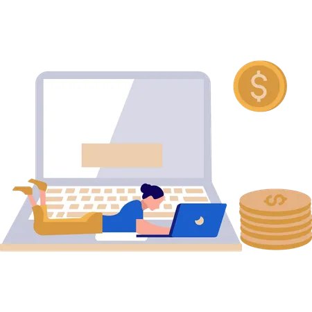 A Girl Is Using A Laptop For Financial Work Illustration