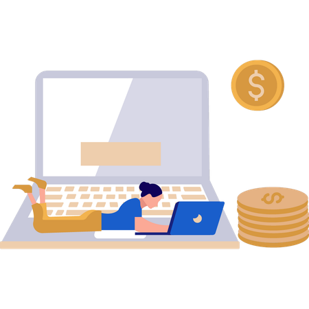 Girl is using a laptop for financial work  Illustration