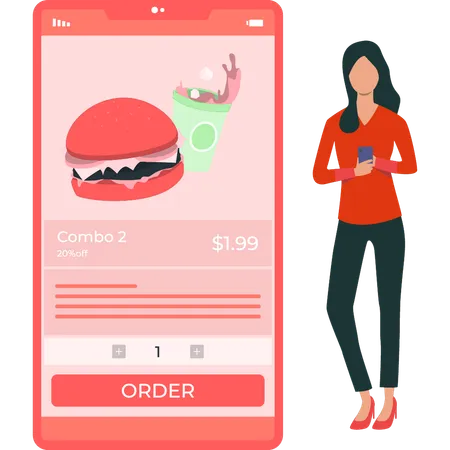 Girl is using a mobile phone for food order  Illustration