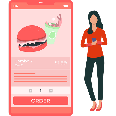 Girl is using a mobile phone for food order  Illustration