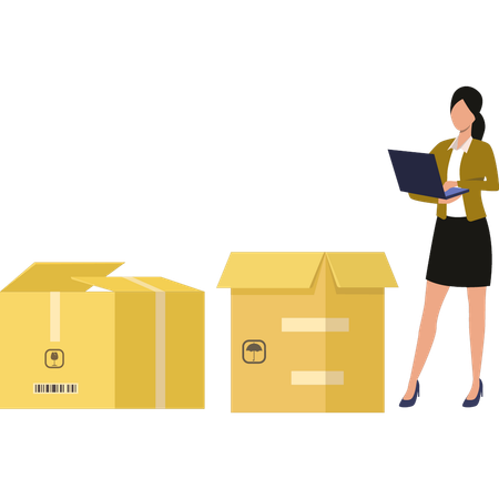 Girl is using laptop next to empty container  Illustration