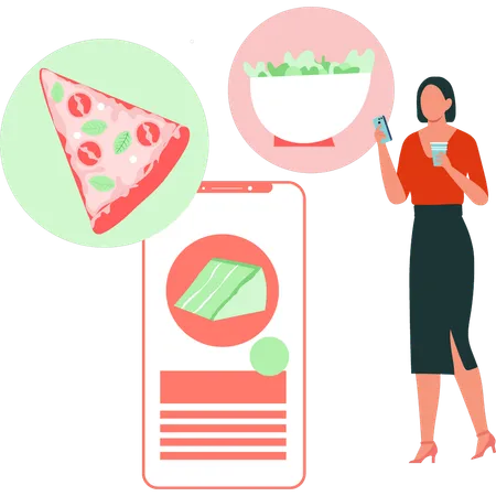 Girl is using mobile for food order online  Illustration