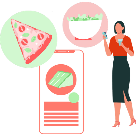 Girl is using mobile for food order online  Illustration