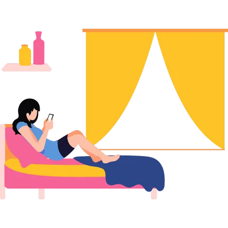 Girl is using phone in bed  Illustration