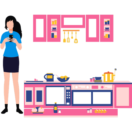 Girl is using phone in kitchen  Illustration
