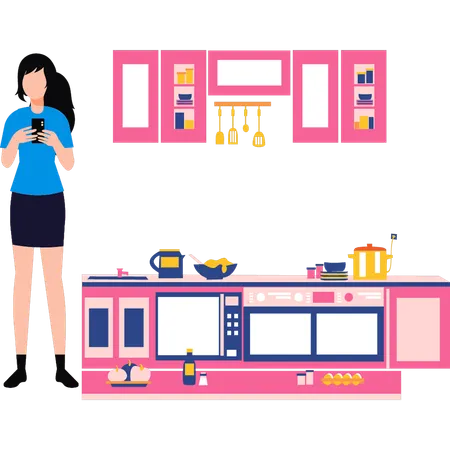 Girl is using phone in kitchen  Illustration