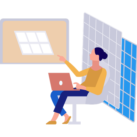 Girl is using solar energy electricity in laptop  Illustration