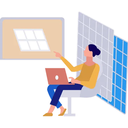 Girl is using solar energy electricity in laptop  Illustration