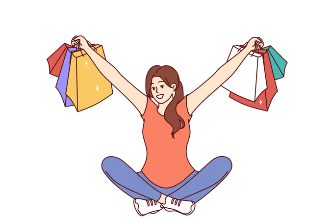 Woman With Multi Colored Packages From Clothing Stores Sits With Her Arms Apart After Successful Shopping Girl Who Won Shopping Lottery Shows Off Things Purchased At Big Discount Or Cashback Illustration