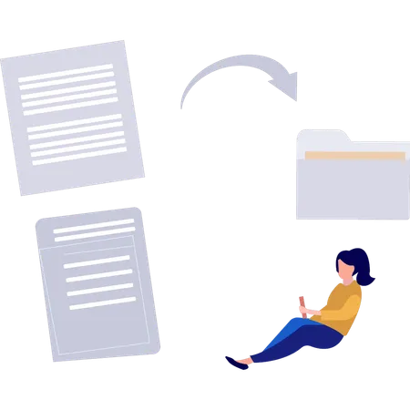 A Girl Is Looking At A Document File Being Converted Into A Folder Illustration