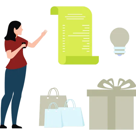 Girl is viewing shopping bill  Illustration