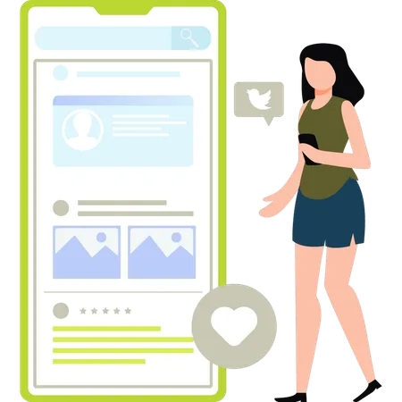 A Girl Is Using Mobile Phone Illustration