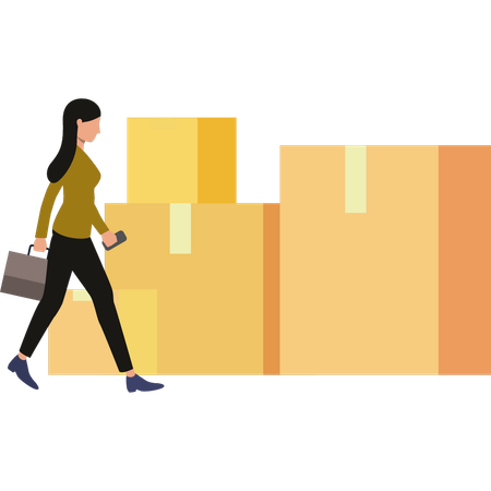 Girl is walking towards boxes  Illustration