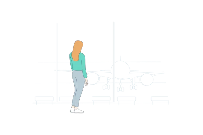 Aerophobia And Psychological Fears Concept Young Scared Woman Cartoon Character Standing Backwards And Looking At Parked Airplane Crafts From Window Vector Illustration Illustration