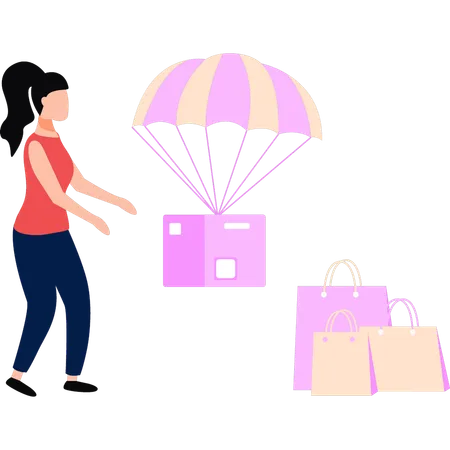 Girl is watching parachute delivery  Illustration