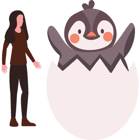 Girl is watching penguin hatched from an egg  Illustration