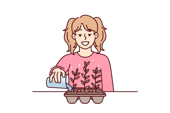 Little Girl Is Watering Plant In Form Of Eggshell For Concept Of Ecology And Zero Waste Gardening Caring Teenage Schoolgirl Is Gardening Growing Kitchen Herbs And Spices For Cooking Illustration