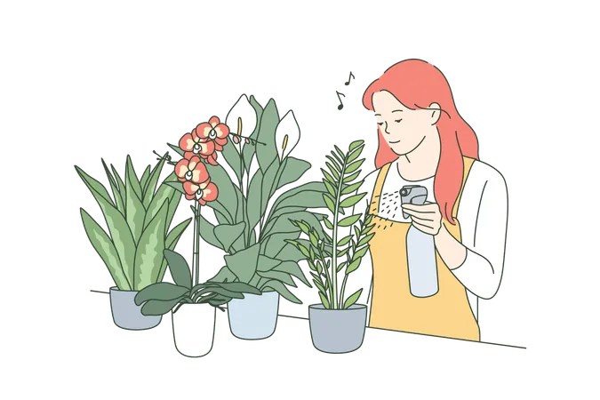Decoration Care Floristics Business Concept Young Happy Woman Girl Florist Pouring Watering Decorative Houseplants In Flower Shop Greenhouse Home Gardening Or Growing Flowers Hobby Illustration Illustration