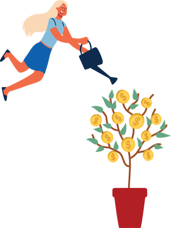 Girl is watering money plant  Illustration