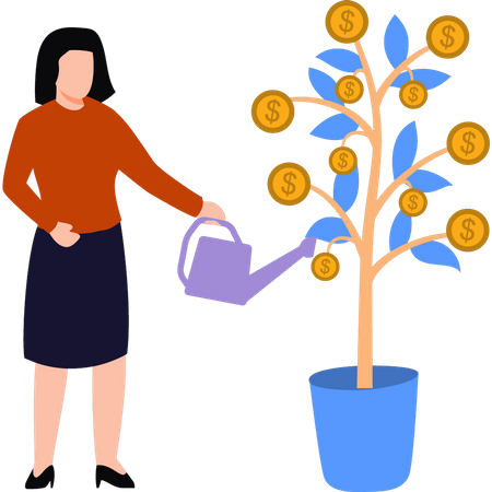 Girl is watering the dollar plant  Illustration