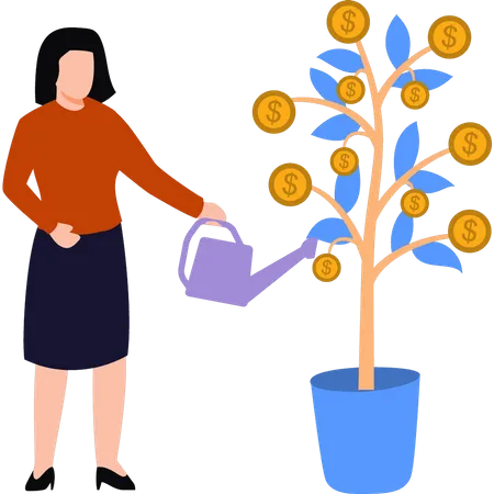Girl is watering the dollar plant  Illustration
