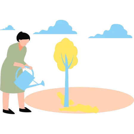 The Girl Is Watering The Plant Illustration