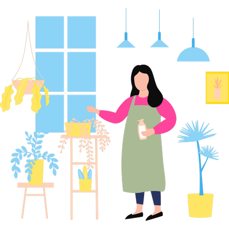 Girl is watering the plants from the shower  Illustration