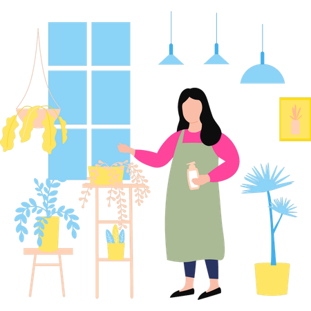 Girl is watering the plants from the shower  일러스트레이션