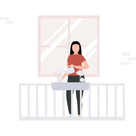 Girl is watering the plants in the balcony  Illustration
