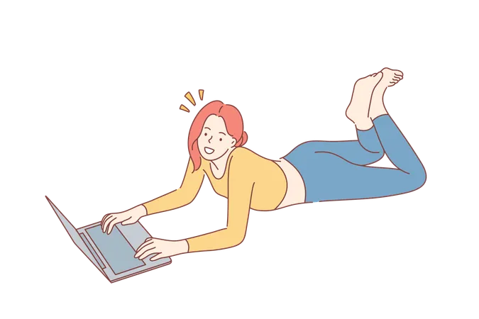 Home Rest Leisure Time Concept Young Happy Smiling Woman Girl Teenager Freelancer Cartoon Character Lying On Floor With Laptop And Looking Straight At Camera Recreation And Relaxation Lifestyle Illustration
