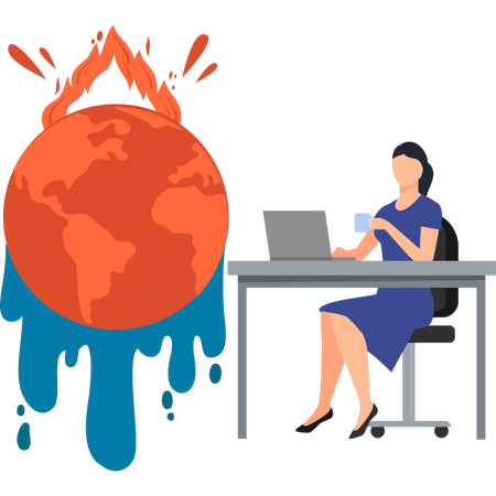 Girl is working on a laptop on global climate change  Illustration