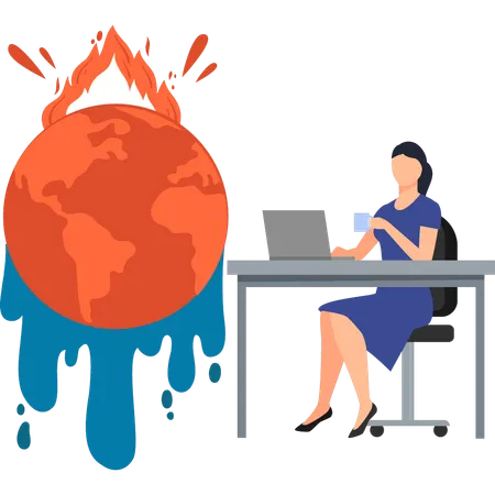 Girl is working on a laptop on global climate change  Illustration