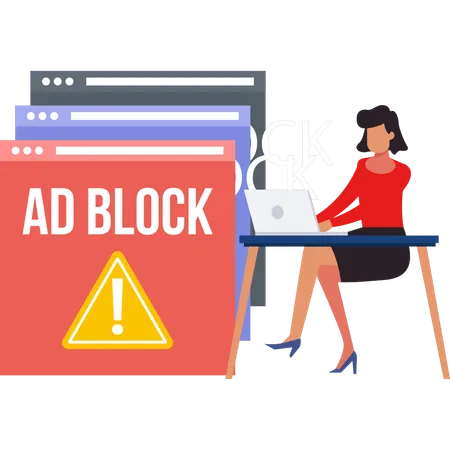 Girl is working on ad block on browser.  Illustration