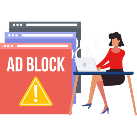 Girl is working on ad block on browser.  Illustration