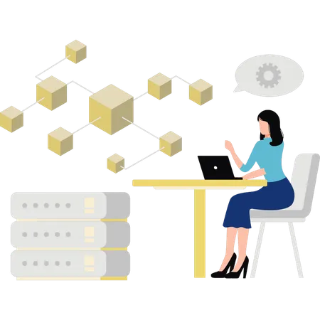 Girl is working on blockchain of data server  Illustration