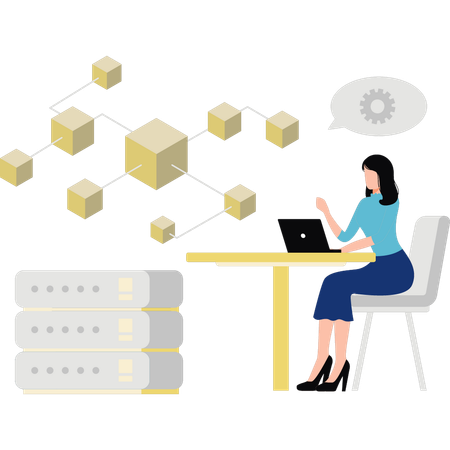 Girl is working on blockchain of data server  Illustration