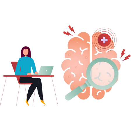 Girl is working on brain neurology on a laptop  Illustration